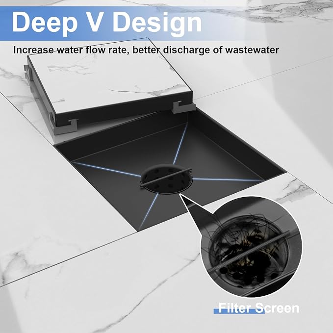 6-Inch Square Shower Drain with Tile Insert Grate, SUS 304 Stainless Steel Shower Floor Drain Kit with Hair Strainer (Matte Black)