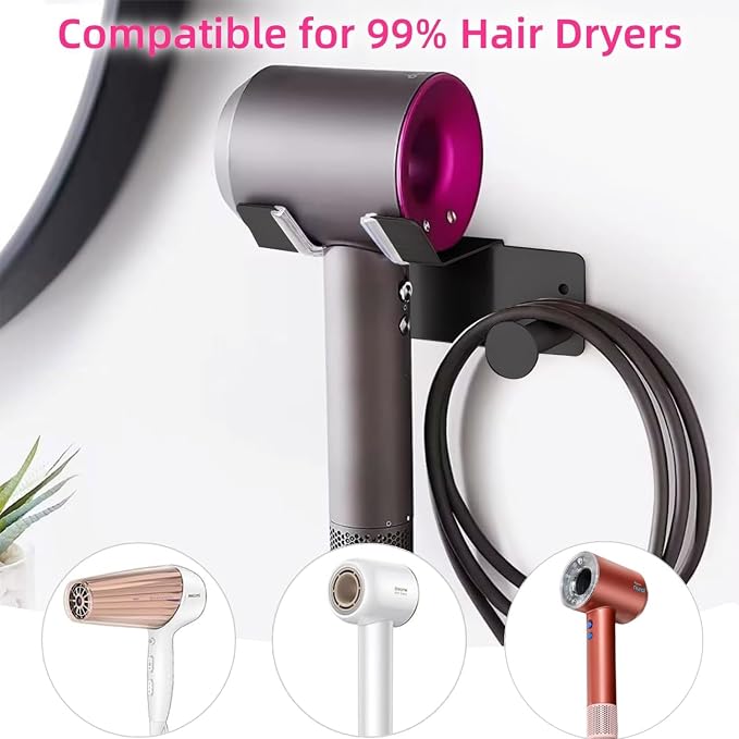 Hair Dryer Holder, Hair Dryer Holder Wall Mounted, Self Adhesive Blow Dryer Holder, Stainless Steel Hair Dryer Stand, Hairdryer Holder for Bathroom Black BANJEKT