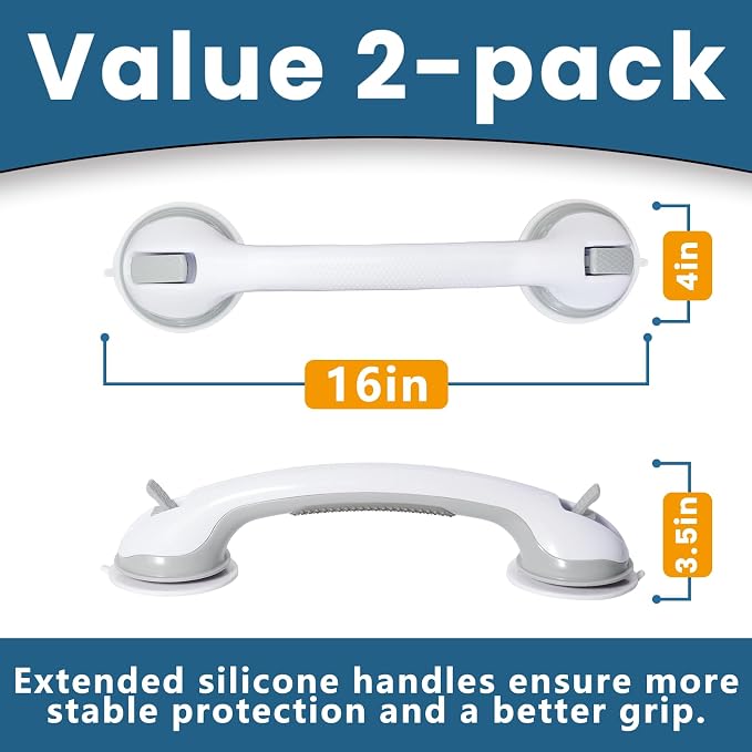 Shower Grab Bars, 2 Pack 16.2 inch Suction Cup Grab Bar for Bathtubs Showers for Wall, Shower Handrails for Seniors, Heavy Suction Cup Grabs Bar,Duty Showers Handle Removable, Bathroom Safety Grip