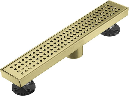 AVSIILE Linear Shower Floor Drain, Brushed Gold 18 Inch 304 Stainless Steel Bathroom Drains Kit, Long Rectangular Shower Trench Drain with Square Pattern Drain Cover & Hair Catcher