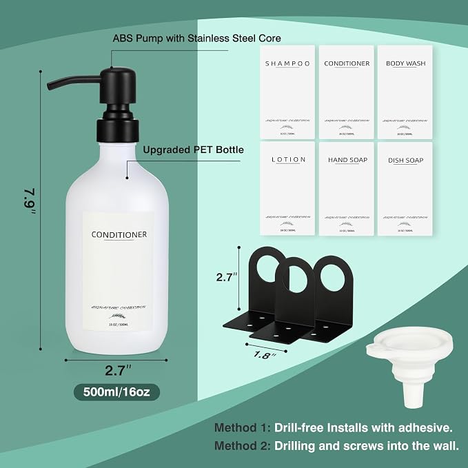 Supforce Shampoo Dispenser for Shower Wall Mount, No Drill Shampoo and Conditioner Dispenser with Matte Pump and Waterproof Labels, Shower Soap Dispenser Wall Mounted for Home Bathroom - White | Shampoo and Conditioner Dispenser Wall Mount Set of 3, Pe...