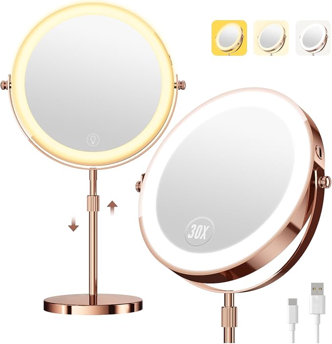 30X Makeup Mirror with Lights, Brightness Adjustable with 3 Colors, Double Sided Magnifying Mirror with 360° Rotation, Lighted Makeup Mirror with Magnification, Ideal Gift for Her - Rose Gold
