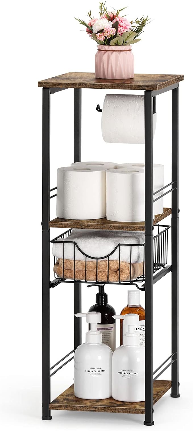 OYEAL Small Bathroom Floor Storage Cabinet 3 Tier Corner Storage Organizer with Drawer Freestanding Bathroom Towel Storage Unit for Small Space Laundry Room Entryway Kitchen, Rustic Brown