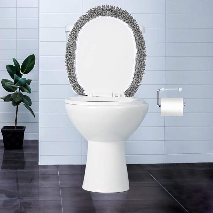 LuxUrux Toilet Lid Cover with Stretch Fit Elastic Band – Chenille Microfiber Toilet Seat Non-Slip Cover for Bathroom – Soft Plush, Machine Wash And Dry, Comfort & Clean Look (18 x 21'', Light Gray)