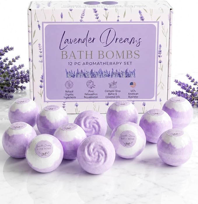EvolutionUSA Lavender Dreams Bath Bombs for Women, 12 Organic Flower Bath Bombs, Soft Lavender Bath Bombs, Womens Bath Bombs Gift, Lush Bath Bombs for Girls, Relaxing Bathbombs, Bath Balls