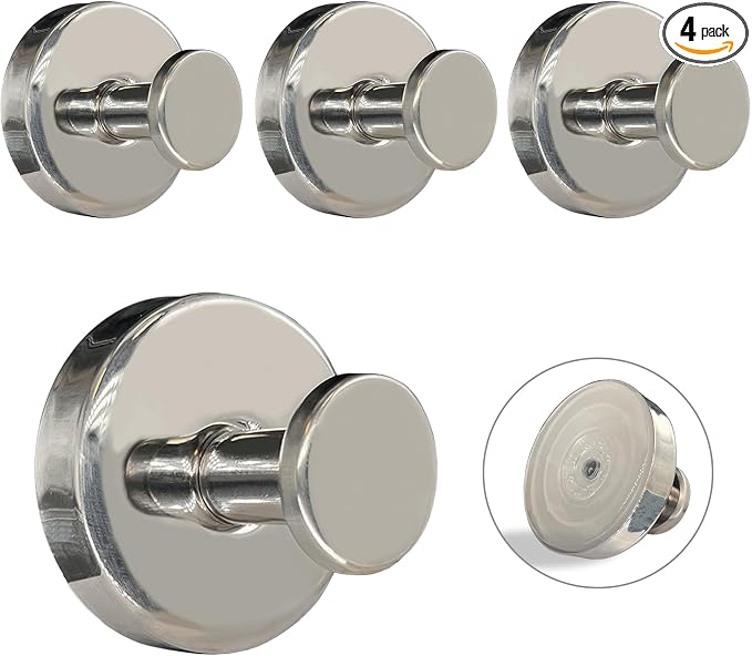 Suction Cup Hooks for Shower - 4 Pack, Chrome - Stainless Steel, Strong Suction, No Drill, Removable Hanger, Tile Bathroom Kitchen Wall, Glass Door, Mirror Hook Hanging Robe, Towel Holder