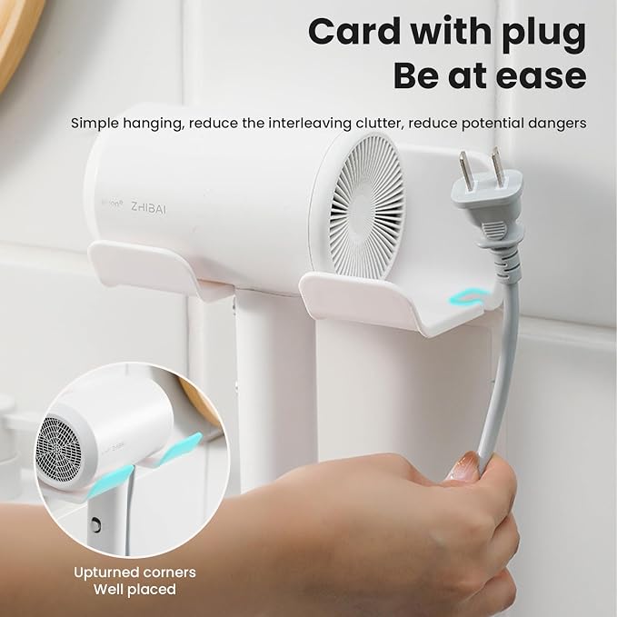 Hair Dryer Holder Wall Mount, Upgraded Stainless Steel, White, Round, 4.53 x 3.74 x 2.17 Inches, Dual Installation Methods (Screw Mounted & Glue Installed), Maximum Diameter 2.3 Inch