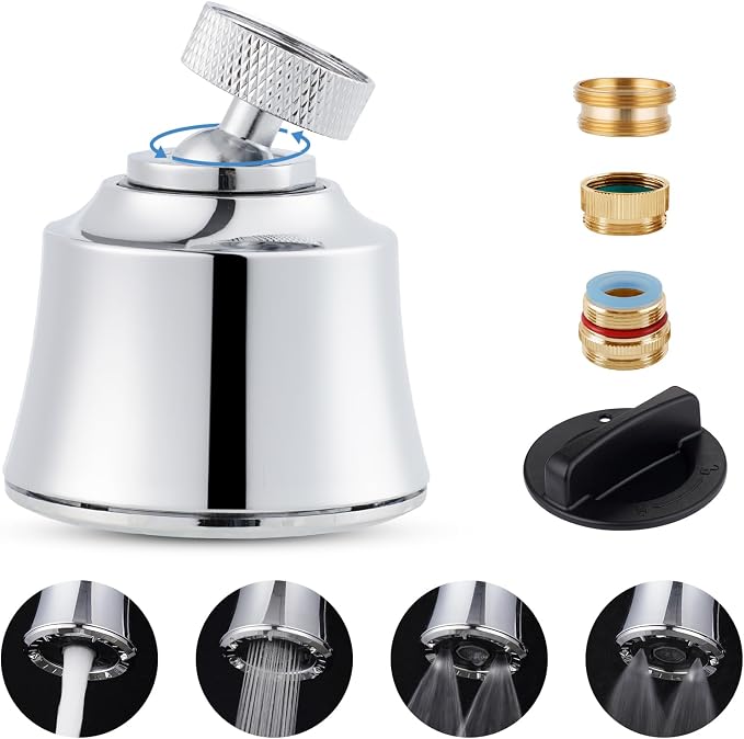 Hygie Rinse Kitchen Sink Faucet Head Replacement, 4 Spray Faucet Sprayer Attachment with Big Angle Swivel, 55/64-27UNS Famale Thread, Male Thread Adapter Included, Chrome