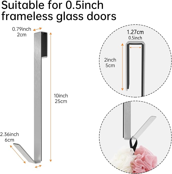 Linone 10 in Shower Door Hooks, Towel Hooks for Bathrooms, Shower Hooks for Towels, Heavy Duty Drilling-Free Extended Over Door Towel Hooks for Frameless Glass Shower Door, 3 Pack