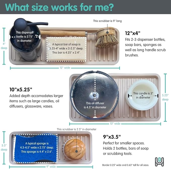 Silicone Sink and Surface Organizer Tray, Sponge Holder, Vanity Tray, Trivet, Heat Safe, Dishwasher Safe, for Bathroom and Kitchen Organization (Mocha, 9"x3.5")