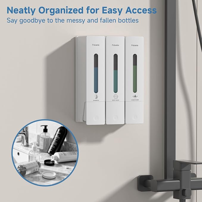 Shampoo and Conditioner Dispenser - Shower Soap Dispenser Wall Mounted No Drill - Shampoo Conditioner Body Wash Dispenser 3 Chamber - Easy Install for Bathroom Hotel White 1200ml