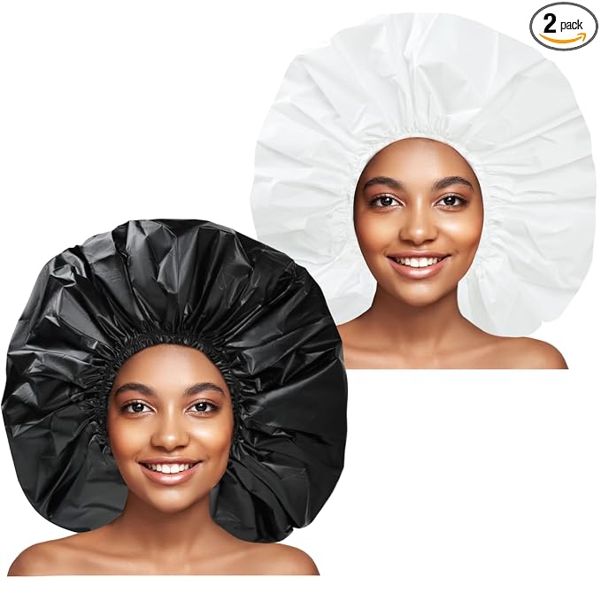 Super Jumbo Shower Cap for Women, 2 PCS Waterproof Hair Caps for Locs | Extra Large, Double Side Reusable PEVA Bath Cap, Washable, Holds Long Thick Twist Braid - Black + White