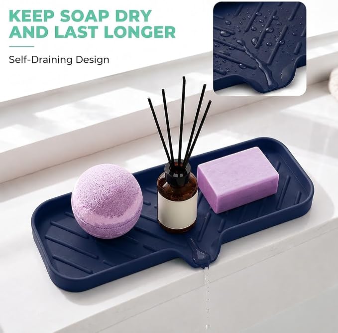 MicoYang Silicone Soap Dish with Drain Spout — Self-Draining Double Sink Organizer Tray for Kitchen & Bathroom, Dispensers, Sponges & Soap Holder, Non-Slip & Dishwasher Safe, Navy Blue (Large, 12"×4")