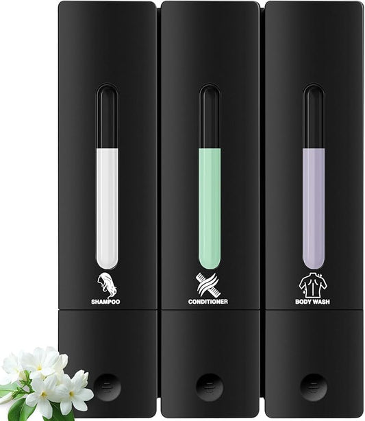 3 Chamber Shampoo and Conditioner Dispenser Set, No Drill Shower Soap | Refillable wall-mounted bottles, BPA-free. 3x400ml. Bathroom, shower, hotel. Dispenses body wash, soap, lotion, gel. Black.