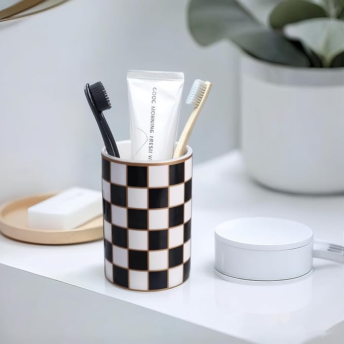 Checkered Bathroom Toothbrush Holder, Bathroom Black and White Ceramic Toothbrush Holder, Modern Toothbrush Box, Used for Bathroom countertop Storage Rack, Checkered Bathroom Decoration (Black)