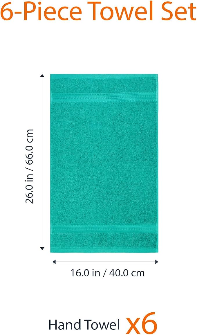 Amazon Basics Fade-Resistant 100% Cotton Hand Towels for Bathroom, Soft Absorbent, 26 x 16 inches, Teal, 6-Pack