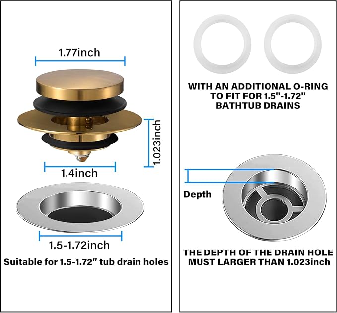 Bathtub Drain Stopper, Uxoz Universal Tub Stopper for Replacing Tip Toe/Trip Lever/Lift&Turn Tub Drain, Bath Tub Drain Stoppers Desiged for 1.5" to1.72 Drain Hole with 3 O-Rings, Black Gold