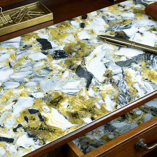 Drawer and Shelf Liner - Yellow Black Marble Pattern Non Adhesive
