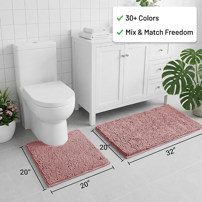 Bathroom Rugs Sets 2 Piece,Super Absorbent Chenille Bath Mats and U-Shaped Toilet Rug,Strong PVC Non Slip Backing,Microfiber Washable Dry Quickly Bath Mats for Bathroom(20"x32"+20"x20"U, Dusty Rose)