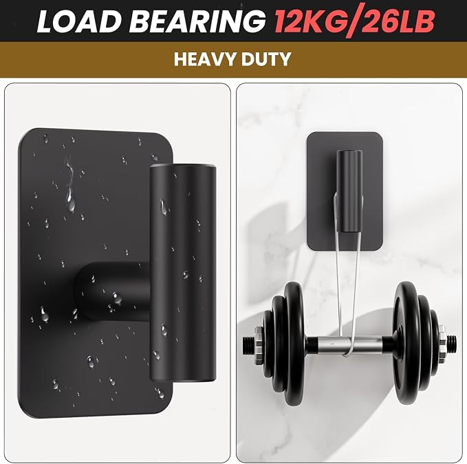 Heavy Duty Adhesive Hooks - 26lb Max, Sticky Wall Hooks Waterproof Stainless Steel for Hanging Towel, Coat, Robe, Towel Hooks Stick on Bathroom, Kitchen, Shower, Door (Black, 4 Pack)