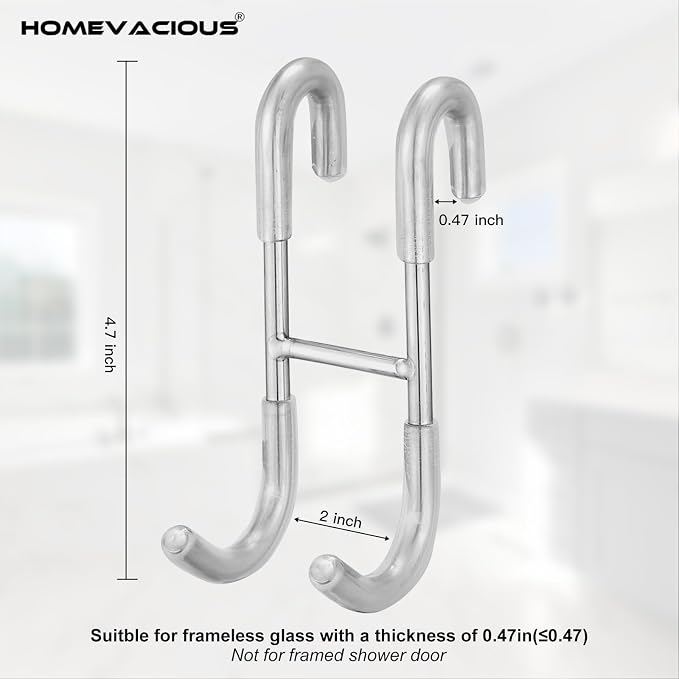 Homevacious 2 Pack Shower Door Hooks Towel Hooks for Bathroom Frameless Glass Shower Door SUS 304 Stainless Steel Drilling-Free Hanger Shower Hooks Chrome
