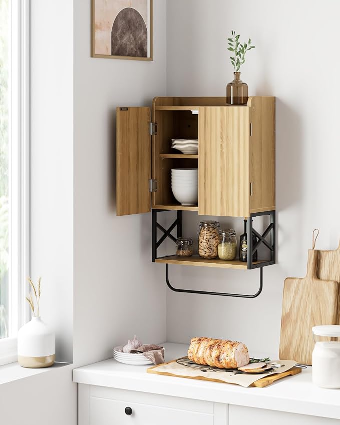 Masupu Bathroom Cabinet Wall Mounted, Wooden Medicine Cupboard with Adjustable Shelves, Space-Saving Wall Storage Unit for Bathroom, Kitchen and Living Room (9" D x 15.35" W x 27.16" H,Modern Oak)