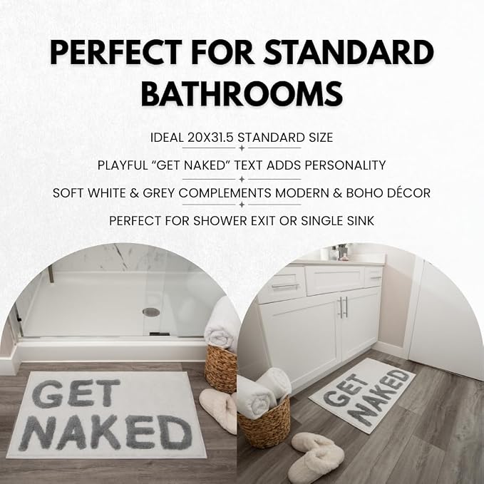 LABEND HOME Get Naked Bath Mat 20"x31.5" - Funny Bathroom Rug, Plush Microfiber Non-Slip Backing, Machine Washable Quick-Dry Bath Decor - White