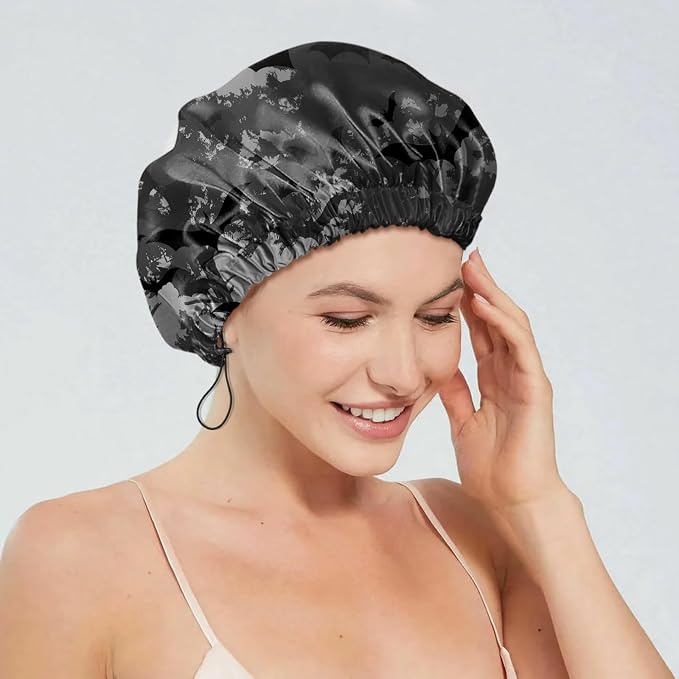 2 PCS Shower Cap Reusable Waterproof Double Layers Hair Caps Shower Bath Adjustable Elastic Hat for Women Girls Cute Aesthetic-Bat Sunflower