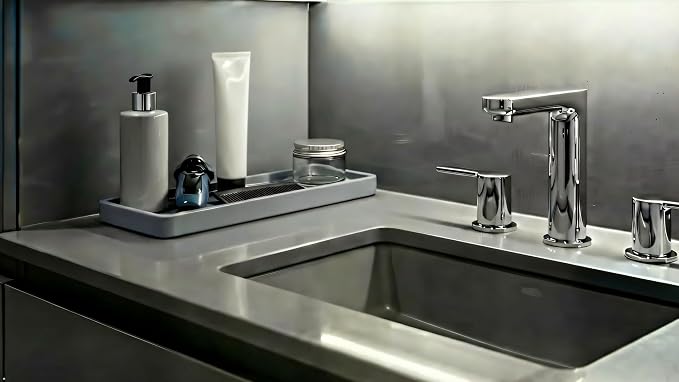 Silicone Sink and Surface Organizer Tray, Sponge Holder, Vanity Tray, Heat Safe, Dishwasher Safe, for Bathroom and Kitchen Organization (Grey, 12"x4")