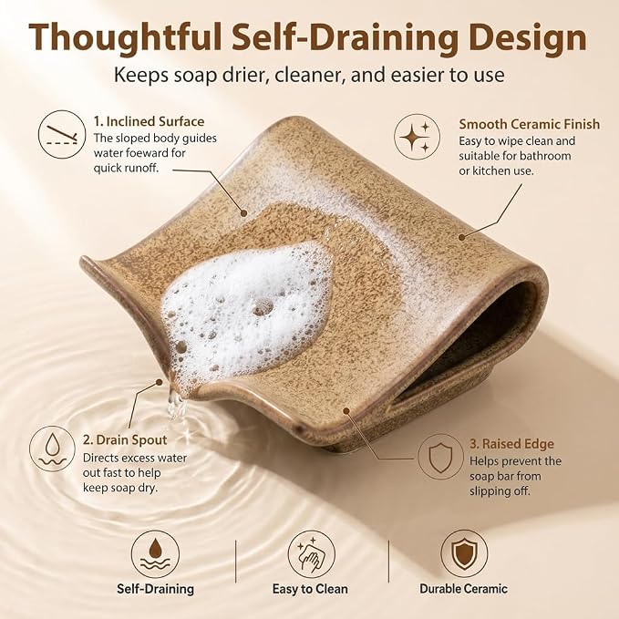 Zoeeker Self-Draining Soap Dish, Ceramic Bar Soap Holder with Drainage | Waterfall Design Soap Saver for Bathroom, Kitchen, Sink, Countertop, Sink Organizer Tray Keeps Dry, Variegated Brown Glaze