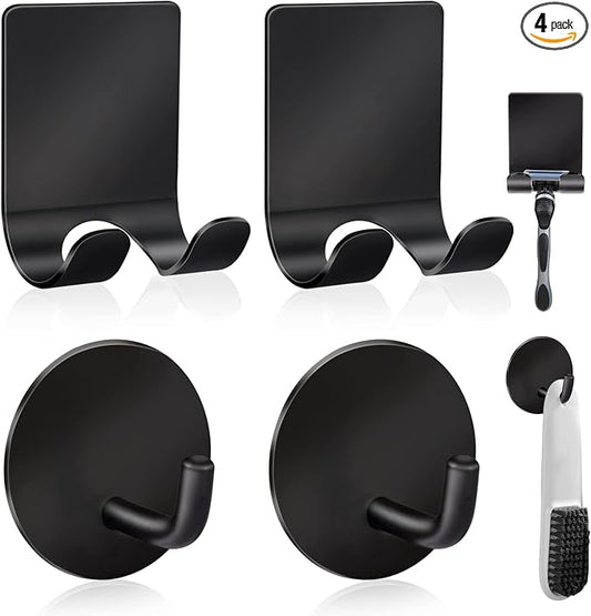 Diesisa Razor Holder 304 Stainless Steel for Shower + Adhesive Sticky Heavy Duty Waterproof Wall Hooks, Premium for Hanging Towels, Coat, hat (2+2 Pack) - Black