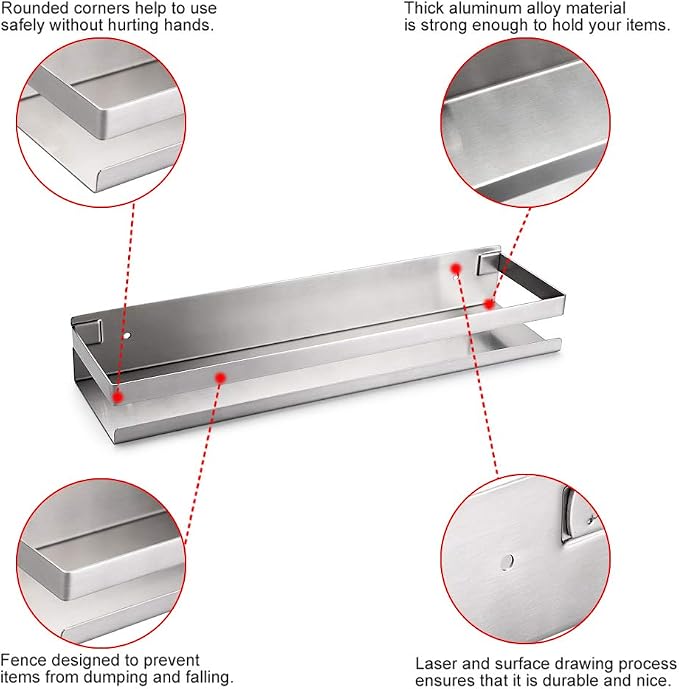 OwnMy Bathroom Shower Shelf Stainless Steel Bath Kitchen Basket Shower Caddy Rack, Rustproof Metal Bathroom Storage Floating Shelves Wall Mounted Shower Corner Rectangular Shelf - 16 Inch Silver