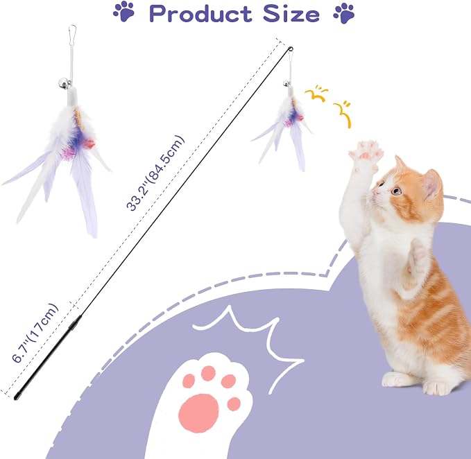 Pawaboo Cat Feather Wand Interactive Toy, 2 Feathers + 1 Wand with Bell | Cat Feather Teaser Toys Flying Catcher Extra Long 34.5" Wand Exerciser Playing Chase Cat Toy Wands for Kitten, Purple
