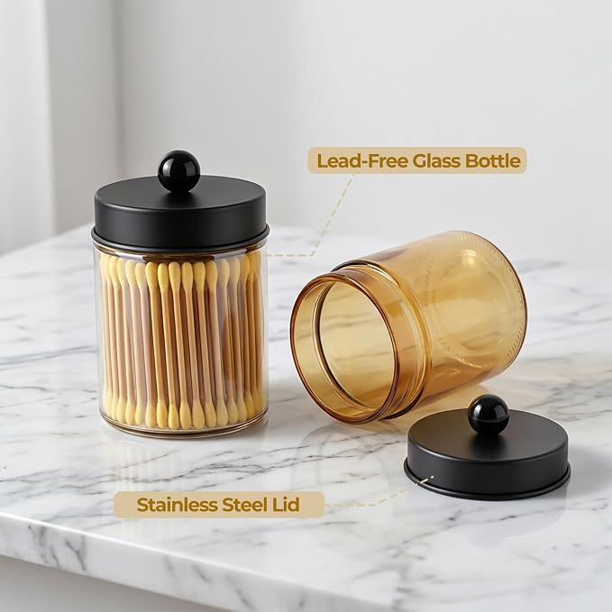 Amolliar 2Pc Glass Qtip Dispenser Holder Bathroom Vanity Storage Organizer Set -Countertop Canister with Metal Lids &Stickers Apothecary Jars for Cotton Swab, Floss Picks(Amber-black Lid)