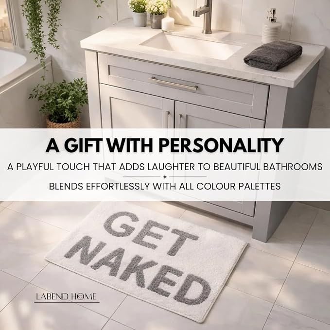 LABEND HOME Get Naked Bath Mat 20"x31.5" - Funny Bathroom Rug, Plush Microfiber Non-Slip Backing, Machine Washable Quick-Dry Bath Decor - White