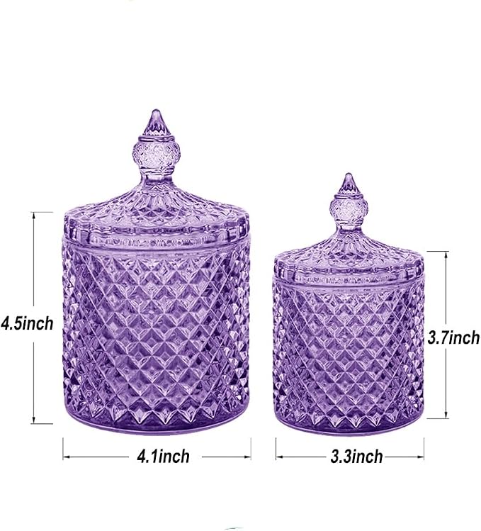 2 Pack Glass Qtip Holder, Apothecary Jars with Lids Bathroom Storage | Purple (10+24oz), Storage for Cotton Swabs, Balls, Pads, Floss Pick, Makeup, Candy & Jewelry, Vanity Organizer for Bathroom