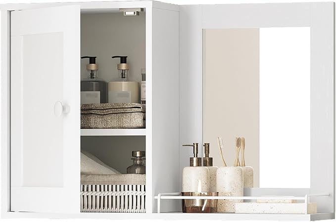 YATINEY Medicine Wall Cabinet with Mirror, Bathroom Mirror with Storage, Medicine Cabinet Mirror, Wall Mounted Home Storage, Adjustable Shelf, for Laundry Room, Bedroom, Camper, Hallway, White