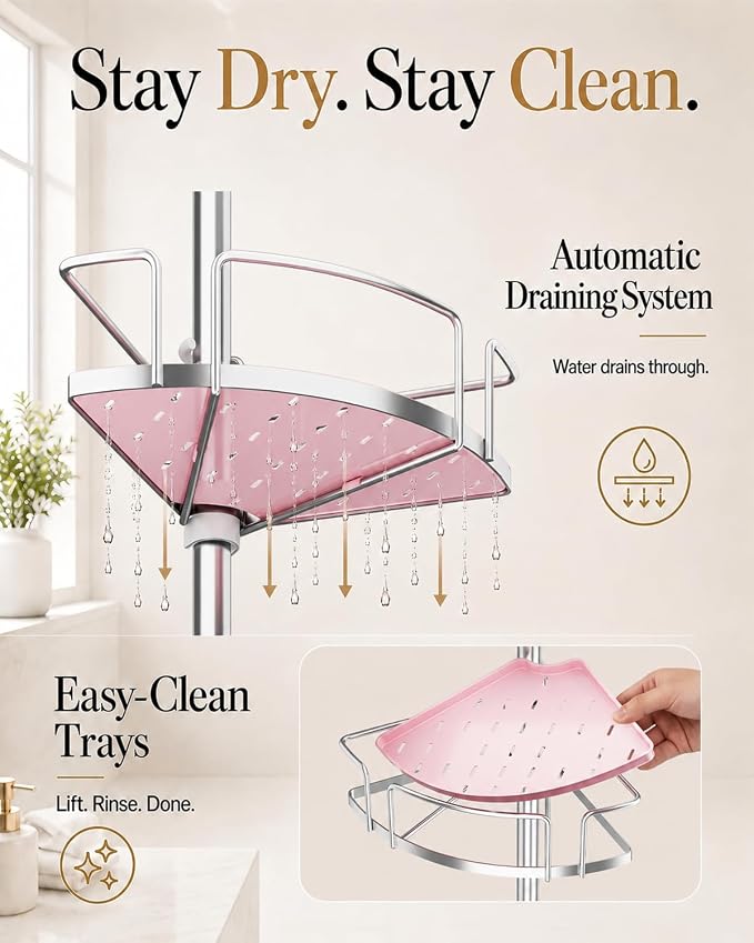 ALLZONE Corner Shower Caddy Tension Pole, 4 Hang-On Basket with Mixed-Height Shelves for Various Bottle Sizes, Extra Hooks & Soap Holder, Rustproof Stainless Steel, Fits 34–116 Inch, Silver/Pink