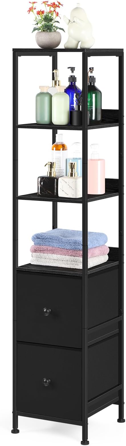 Tall Bathroom Storage Cabinet, 55.9'' Slim Bathroom Floor Cabinet with Fabric Drawers for Small Spaces, Narrow Storage Cabinet Shelves Bathroom Organizer Towel Rack for Living Room, Kitchen, Black