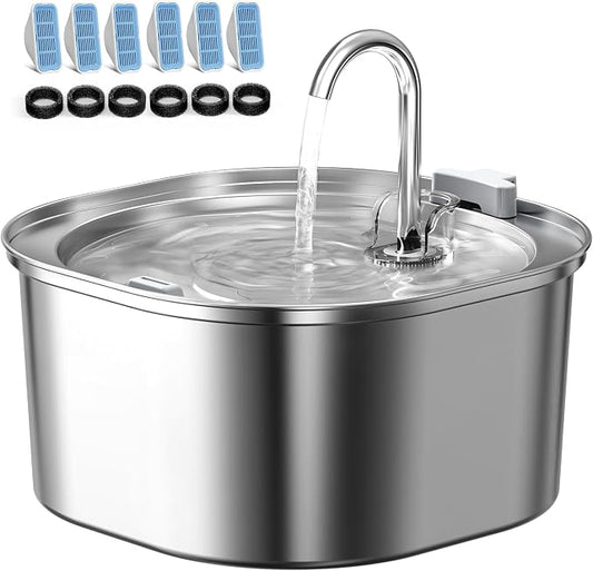 PEKTACO Cat Water Fountain, 3.2L Pet Drinking Fountain with 6 Filters | Stainless steel cat drinking fountain, dishwasher safe, with triple filtration, quiet pump, faucet for cats and small pets