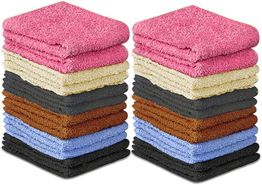 QUBA LINEN 100% Cotton Washcloth Set 24 Packs – Soft, Absorbent Face Towels for Bathroom & Gym Use – Reusable, Durable & Machine Washable Wash Cloths - Multi-Color, 12x12 Inches