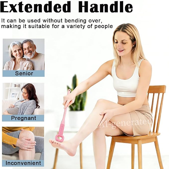 2 Pack Foot Brush in Shower, Extended Handle Foot Scrubber, Soft Rubber for Cleaning Dead Skin, Dense Foam Toe Cleaning with Hanging Storage,Scrub Brush for Senior, Pregnant, Men, Women(Pink)