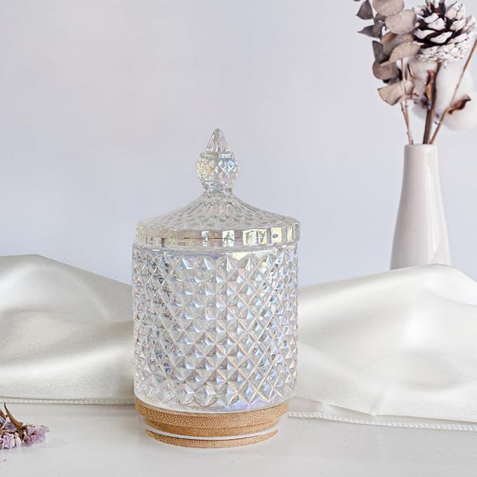 2 Pack Glass Qtip Holder, Apothecary Jars with Lids Bathroom Storage | Dazzle (10+24oz), Storage for Cotton Swabs, Balls, Pads, Floss Pick, Makeup, Candy & Jewelry, Vanity Organizer for Bathroom