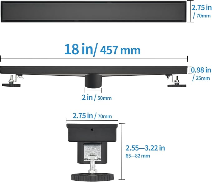 Linear Shower Drain ，with Tile Insert Panels ，18 Inch Black 304 Stainless Steel Rectangle Shower Floor Drain，with Hair Catcher, Adjustable Feet，Fits Bathroom, Balcony
