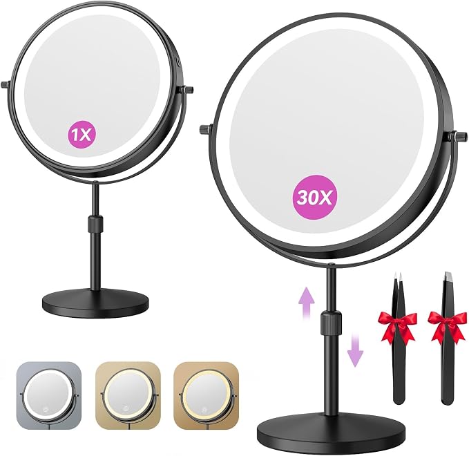 Auxmir 9" 5000mAh Magnifying Mirror, 1X/30X Lighted Makeup Mirror, Black | Rechargeable Battery, 3 Dimmable Colors, 14.9‑18.5" Adjustable Height, 360° Rotation, Stable Base, 30X Magnification