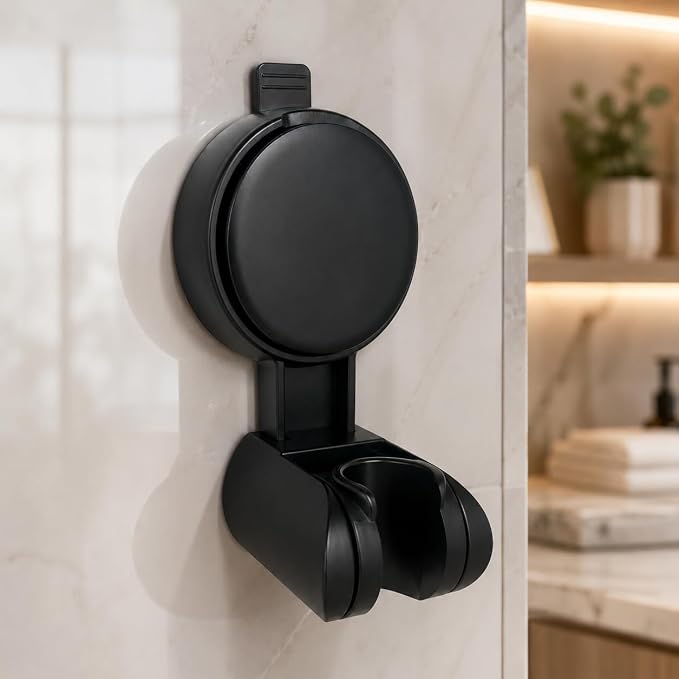 Suction Shower Head Holder, Black Adjustable Handheld Shower Wand Holder for Bathroom Wall, No Drill Vacuum Suction Cup Shower Bracket Removable Shower Holder for Smooth Surface