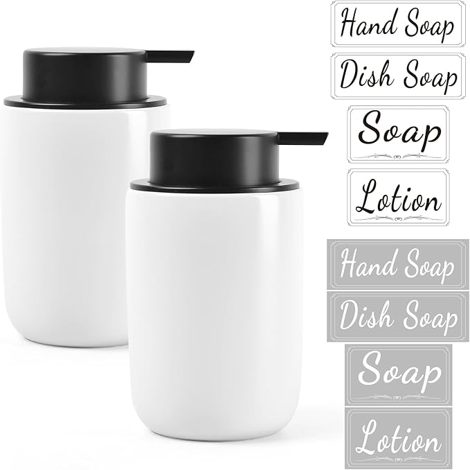 BosilunLife White Soap Dispenser Set - 2 Pack 12oz Ceramic Soap Dispenser | with Rust Proof Pump for Kitchen, Hand Soap and Lotion Set Suitable for Farmhouse Bathroom Decor with Waterproof Labels