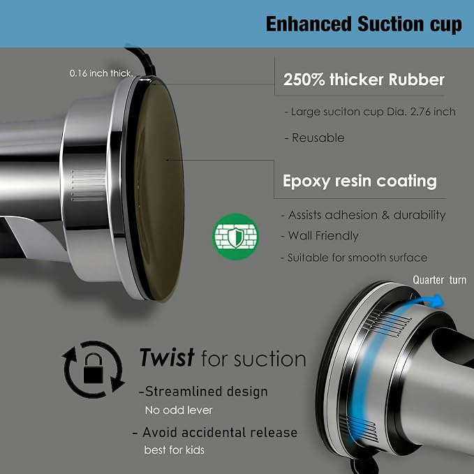 Handheld Shower Head Holder Suction Cup - Relocatable - Wide Angles Adjustable - 90° Downward - Bathroom Wall Mount Shower Wand Holder (Polished Chrome)
