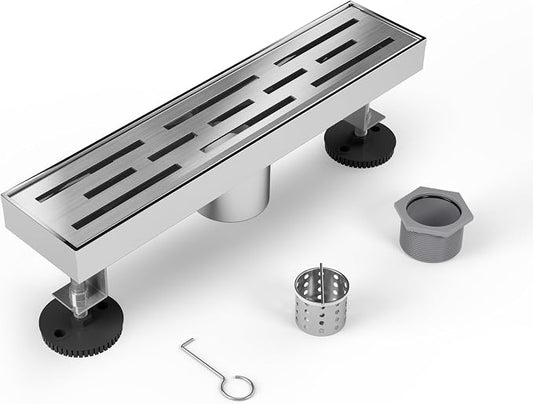 Shower Drain Stainless Steel for Bathroom: Brushed Nickel Linear Shower Drain 12 Inch with Removable Brick Pattern Grate - Adjustable Rectangular Shower Floor Drain with Hair Strainer
