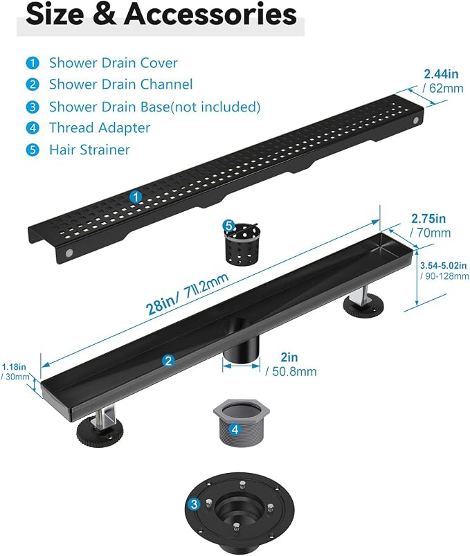 Shower Drain, 28 Inch Black Linear Shower Drain with Removable Square Hole Cover Grate, Modern 304 Stainless Steel Matte Black Shower Floor Drain with Adjustable Feet,Hair Filter